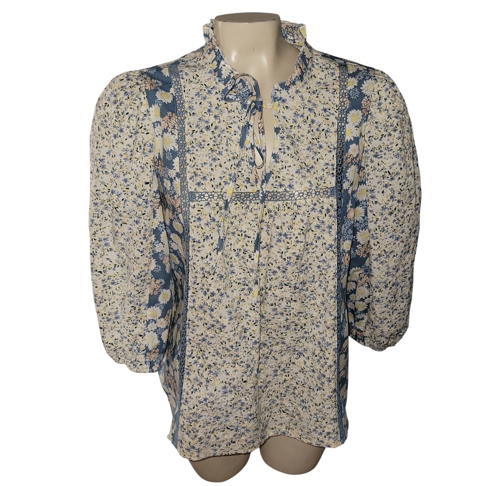 SOLITAIRE Women's Floral Print‎ Tie Neck Blouse Long Sleeve Size L cottagecore